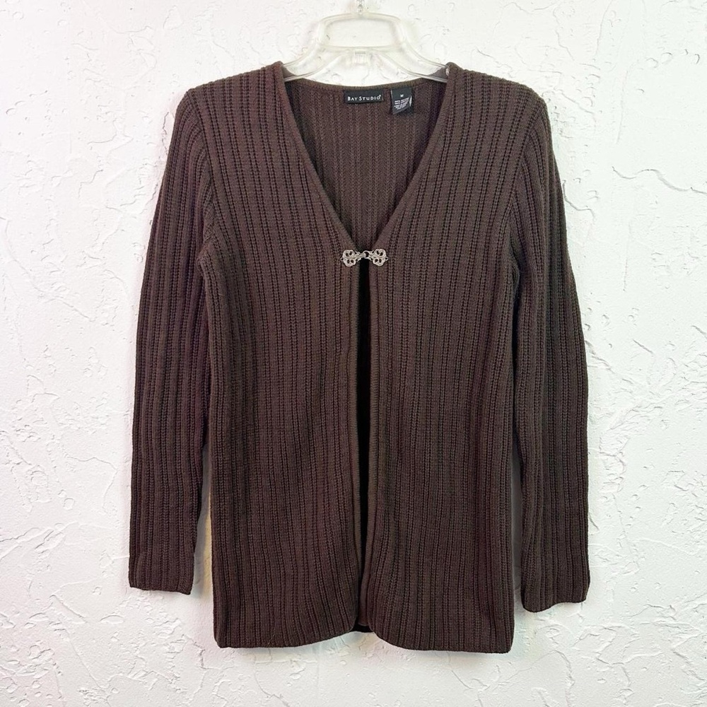 Vintage Y2K Brown One Button Long Sleeve Ribbed Knit Cardigan Sweater Medium